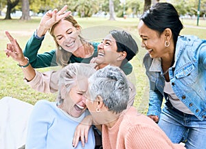 Retirement, women and laughing in funny games, comic bonding and silly global activity with peace sign hands. Smile