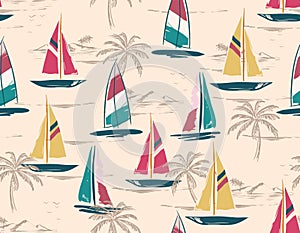 Reto Marine nautical hand drawn seamless vector pattern, Sailboat vector,Anchor and lpalm trees y illustrator