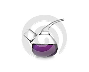 Retort flask with color liquid isolated on white.