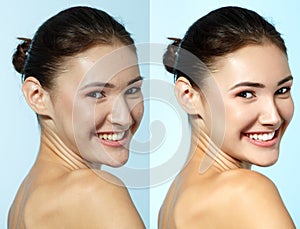Retouch - face of beautiful young woman before and after retouch photo