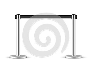 Retractable belt stanchion. Portable ribbon barrier. black fencing tape. photo