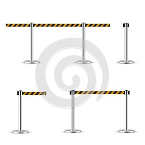 Retractable belt stanchion set, portable ribbon barrier. photo