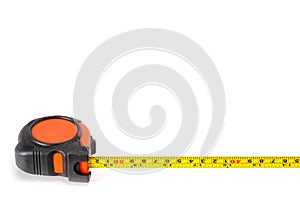 Retractable red and black hand holding measure tape, on the white background