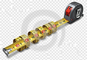etractable measuring tape with a black and red plastic casing,