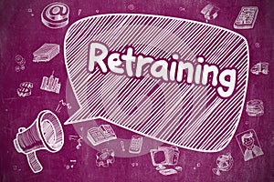 Retraining - Cartoon Illustration on Purple Chalkboard.