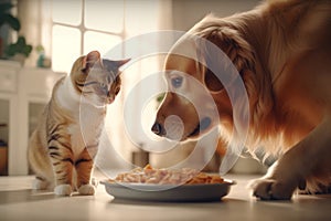 Retriever dog and cat eating from one plate. Generate ai