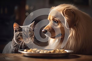 Retriever dog and cat eating together. Generate ai