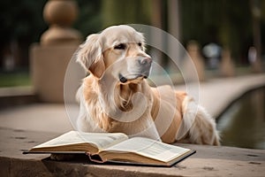 Retriever dog reading book. Generate Ai