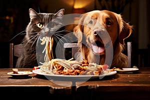 Retriever dogs and cat eating time. Generate ai