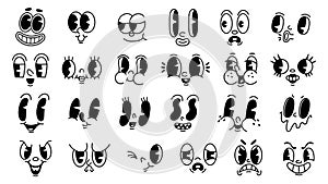 Retro 1930s cartoon faces. Old funny mascot facial expressions, mouths and eyes with different emotions for characters