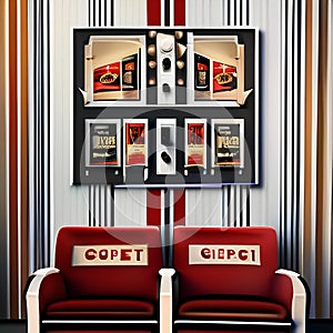 A retro, 1950s-themed home theater with vintage movie posters, retro seats, and a popcorn machine2