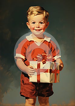 Retro 1960& x27;s postcard of little boy it redt-shirt holding gift box with red ribbon on dark neutral background