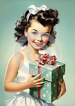 Retro 1960& x27;s postcard of little girl with dark hairt holding gift box with red ribbon on neutral background