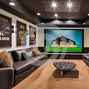 A retro, 1960s-inspired home theater with shag carpet, bean bag chairs, and a vintage popcorn machine4, Generative AI