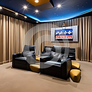 A retro, 1960s-inspired home theater with shag carpet, bean bag chairs, and a vintage popcorn machine5, Generative AI