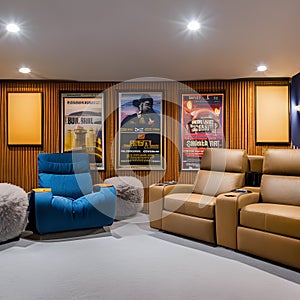 A retro, 1960s-inspired home theater with vintage movie posters, shag carpet, and bean bag chairs5, Generative AI