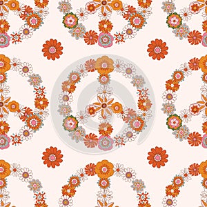 Retro 1970 Groovy Flowers Peac sign ,Seamless Pattern Hand-Drawn Vector Illustration. Seventies Style, Groovy Peace