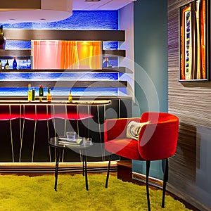 A retro, 1970s-themed home bar with lava lamps, shag carpet, and a sunken seating area2, Generative AI