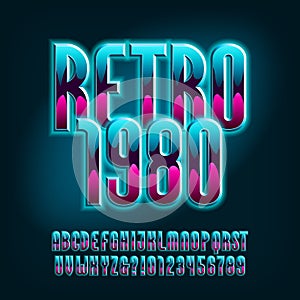 Retro 1980 alphabet font. Glowing letters and numbers.