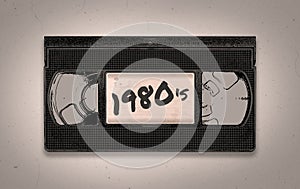 A retro 1980`s themed old black VHS video tape illustration background with copy space