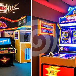 A retro, 1980s-inspired game room with arcade machines, neon signs, and a collection of vintage video games5, Generative AI