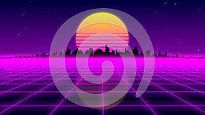 Retro 1980s synthwave glowing neon lights plane with sun and city skyline animation - seamless loopable