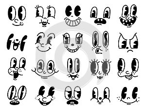 Retro 30s cartoon mascot characters funny faces. 50s, 60s old animation eyes and mouths elements. Vintage comic smile