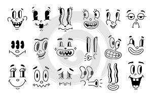 Retro 30s characters mascot, comic faces expression of the 50s, 60s. Quirky eyes and mouths cartoon animation in funny