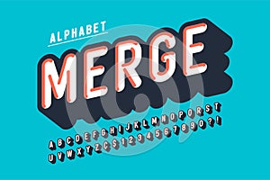 Retro 3d display font design, alphabet, letters and numbers