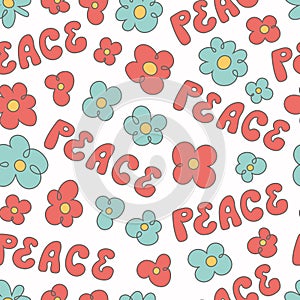 Retro 60s groovy psychedelic seamless pattern background about peace. Cartoon hippie style flowers, hand drawn daisies.