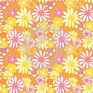 Retro 60s style pattern. Pink and yellow daisy flowers on orange background. Bohemian vintage print. Flower power