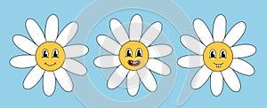 Retro 70s 60s 80s Hippie Groovy cute Daisy Flowers Set. Smiling face. Collection Chamomile Flower power elements