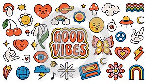 Retro 70s groovy elements, cute funky hippy stickers. Cartoon daisy flowers, mushrooms, peace sign, heart, rainbow