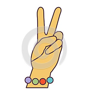 Retro 70s Groovy Hippie sticker hand peace symbol. Psychedelic cartoon element -funky illustration in vintage hippy