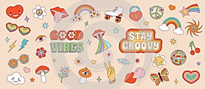 Retro 70s Groovy Hippie sticker set. Psychedelic cartoon elements -funky daisy flower, mushroom, eye, rainbow, peace