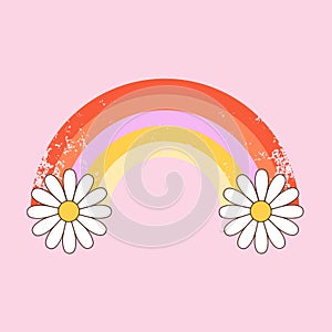 Retro 70s groovy rainbow with flowers. Vector positive illustration.