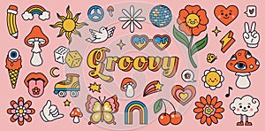 Retro 70s hippie stickers, psychedelic groovy elements. Cartoon funky mushrooms, flowers, rainbow, vintage hippy style