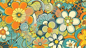 Retro 70s poster art featuring trippy LSD patterns and flower power motifs in shades of orange, yellow, green and pale blue.