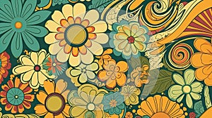 Retro 70s poster art featuring trippy LSD patterns and flower power motifs in shades of orange, yellow, green and pale blue.