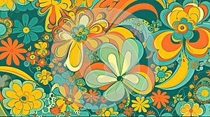 Retro 70s poster art featuring trippy LSD patterns and flower power motifs in shades of orange, yellow, green and pale blue.