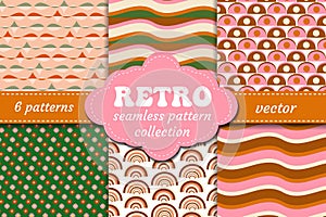Retro 70s seamless colorful geometric pattern set. Endless texture, retro background. Vector illustration