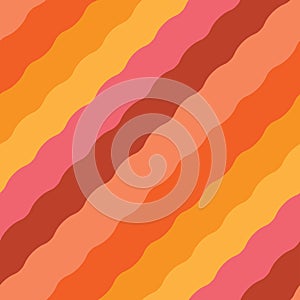 Retro 70s stripes waves seamless pattern in yellow, orange, pink and brown.