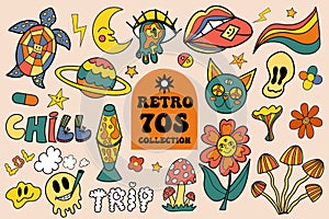 Retro 70s vibe, hippie stickers, psychedelic trippy groovy elements. Cartoon funky sticker vintage hippy style element