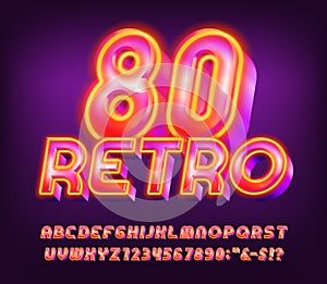 Retro 80 alphabet font. 3D glowing letters and numbers.