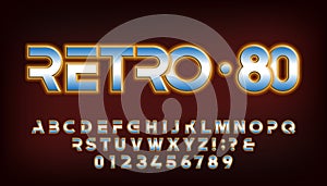 Retro-80 alphabet font. Neon glowing letters and numbers.