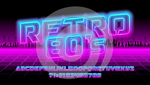 Retro 80s alphabet font. Neon colors letters and numbers on a retro background.