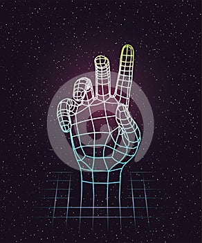 Retro 80s futuristic deep space. Human hand stretching up out of laser grid