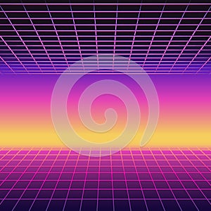 Retro 80s futuristic design. Neon sunset background with grids