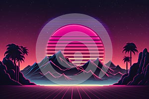 Retro 80s Sci-Fi Landscape with Palm Trees and Sunset. Vector illustration.