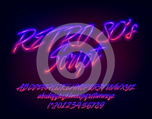 Retro 80s Script alphabet font. Glowing neon letters and numbers.
